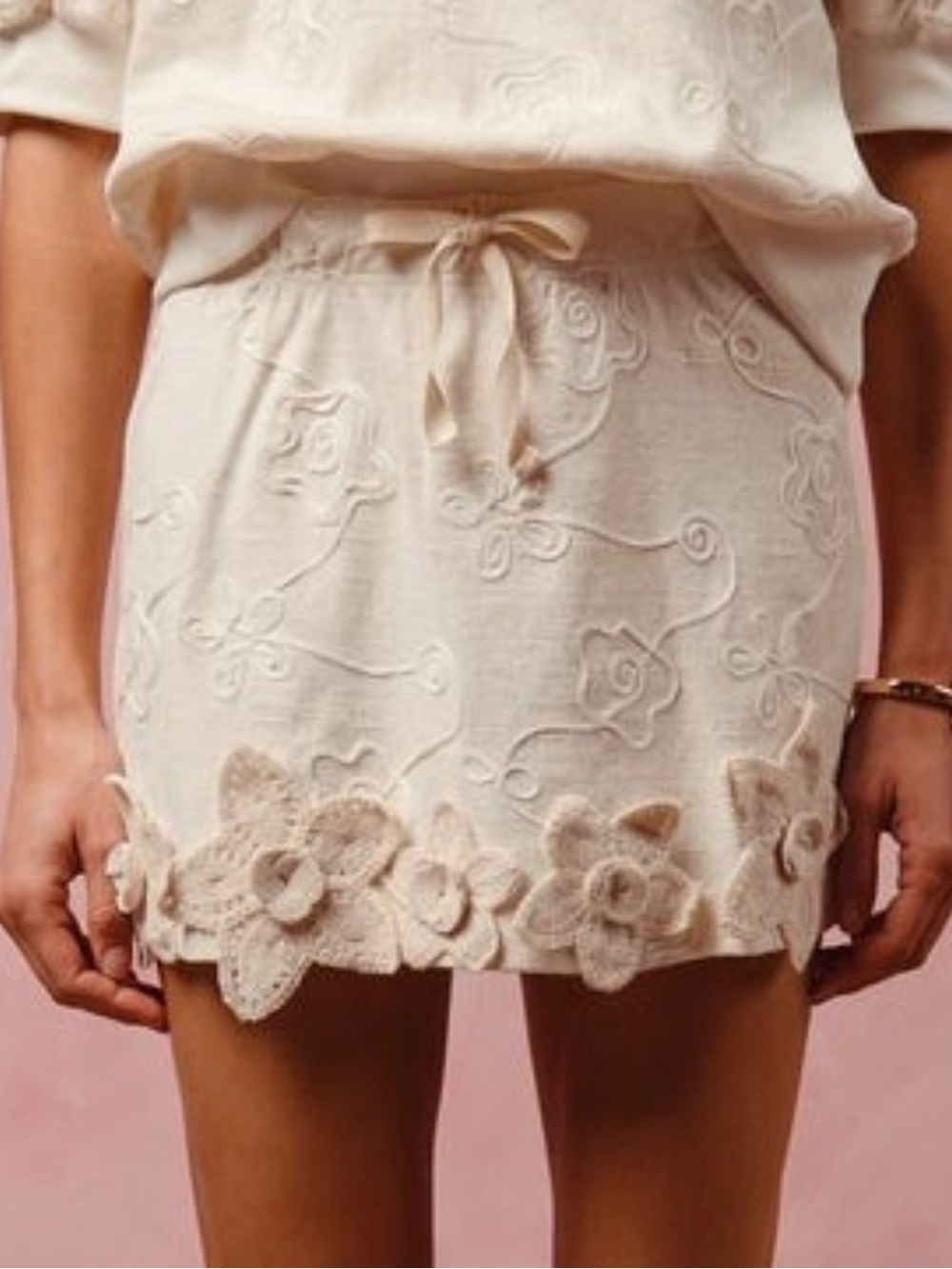 So Me Cream Embroidered Mini Skirt with 3D Floral Hem - Picture 1 of 2
